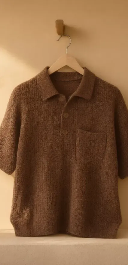 Un polo en maille sur son cintre, photographié à son arrivée