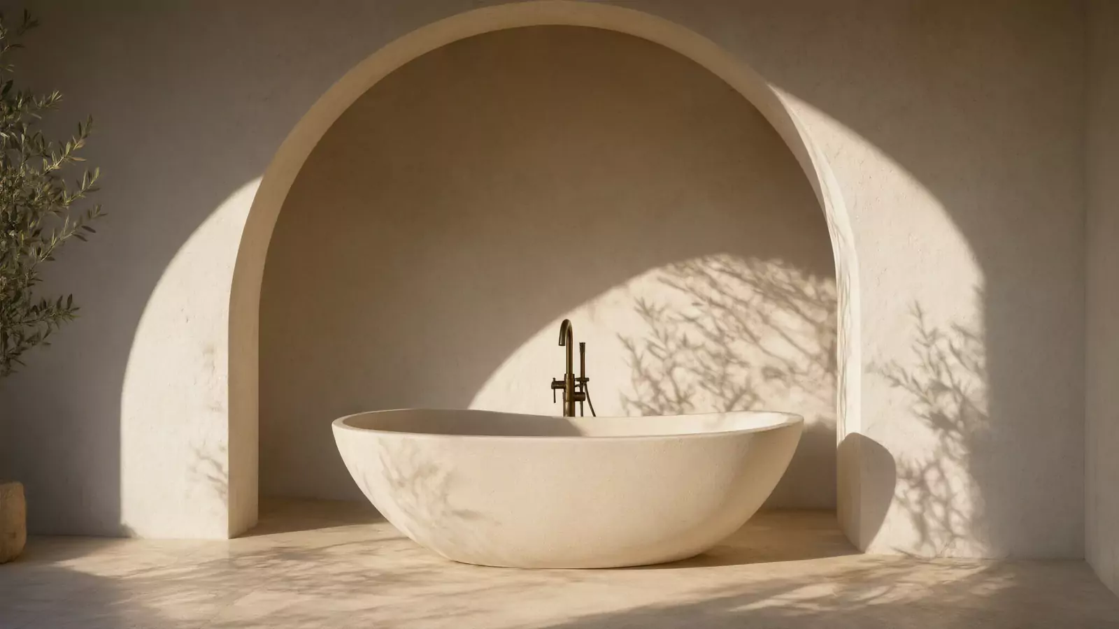 Baignoire en pierre claire sous une arche, lumière du soir